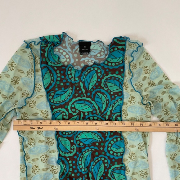 Anna Sui Sheer Mesh Paisley Green Posies Top Size Medium, Boho 90's Long Sleeve - Picture 8 of 9